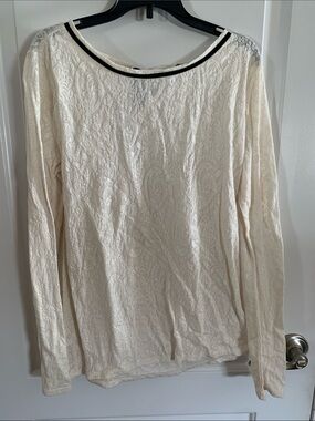 LOFT Cream Lace Long-Sleeve Top with Black Neck Trim